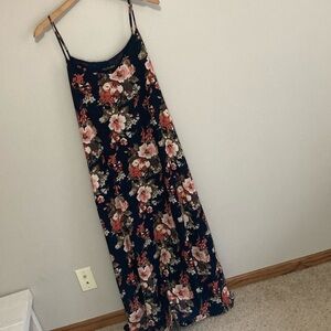 Mary & Mabel Floral Maxi Dress, sleeveless size large navy blue and Coral orange